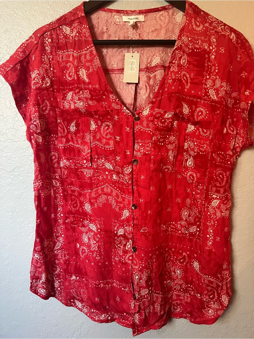 Maurices Red Paisley Button-Front Short-Sleeve Blouse NWT